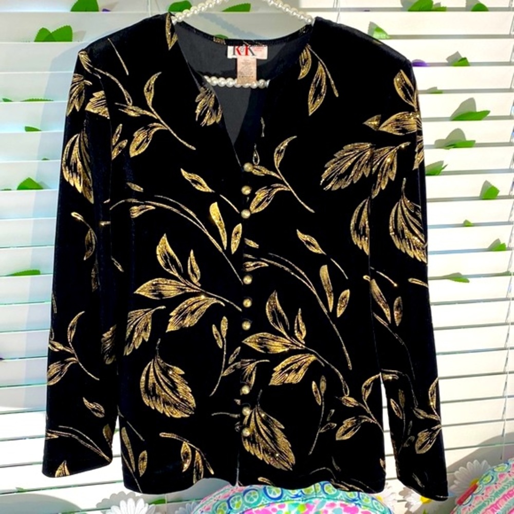 R&K vintage black velvet jacket with gilded gold glitter leaf pattern